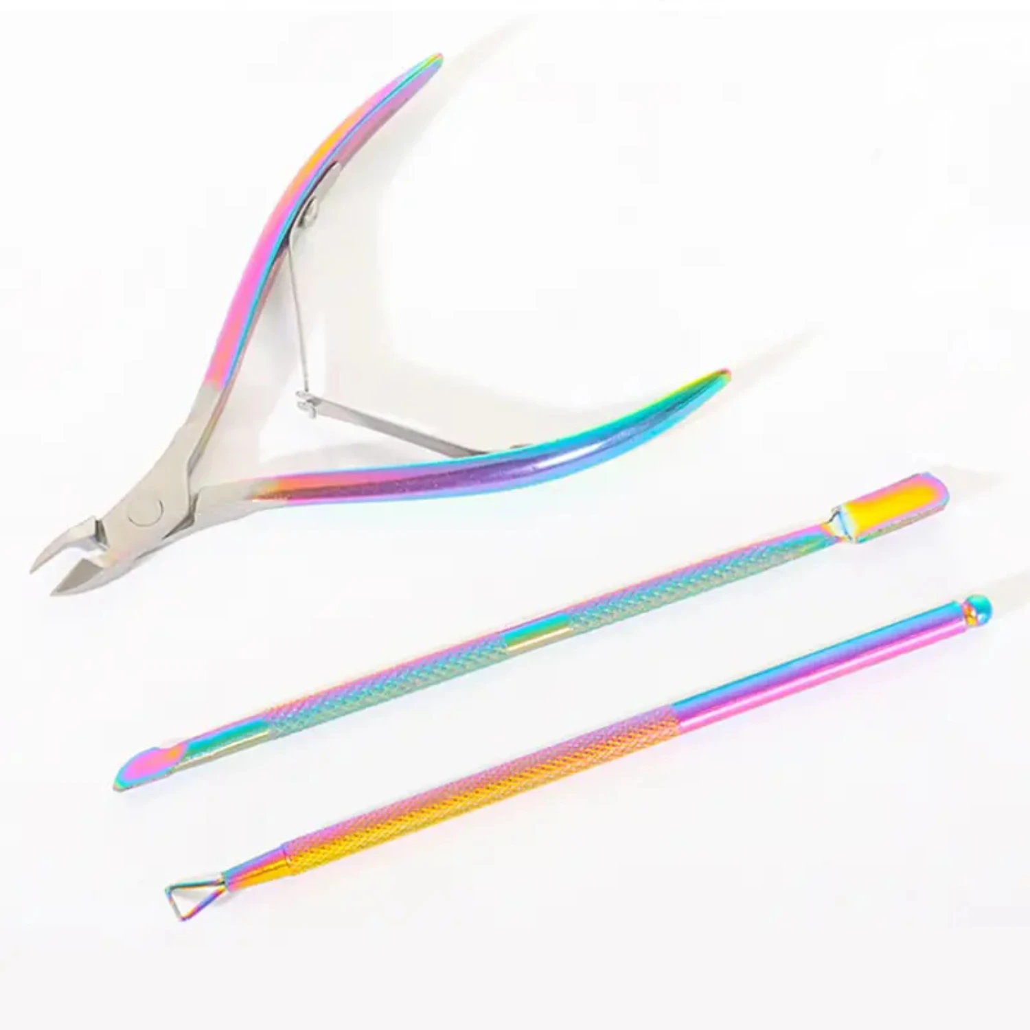 ชุดเครื่องมือทําเล็บสแตนเลส 3 ชิ้นสีสันสดใสสําหรับการขจัดผิวหนังที่ตายแล้ว