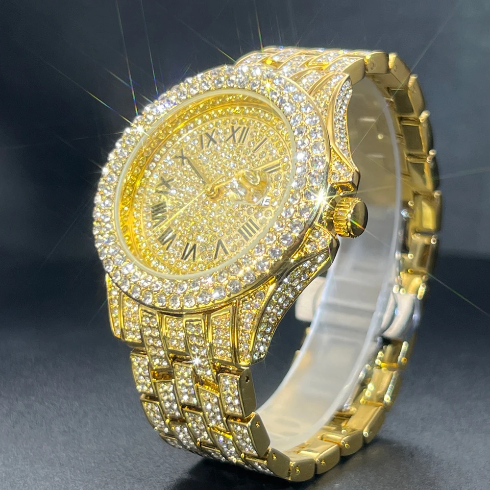 MISSFOX Gold Full Diamond Mens Watches Iced Out Bling Quartz Wristwatch Stainless Steel High Quality New Clock Dropshipping 2024