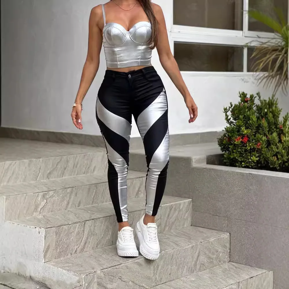

Europe and the United States new women's pants sexy tight splicing color multi-pocket bag hip tights