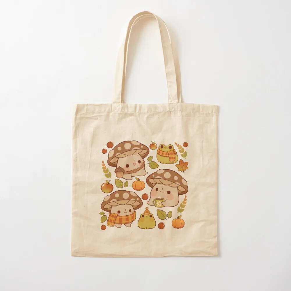 Cute mushroom and froggie fall - green Tote Bag