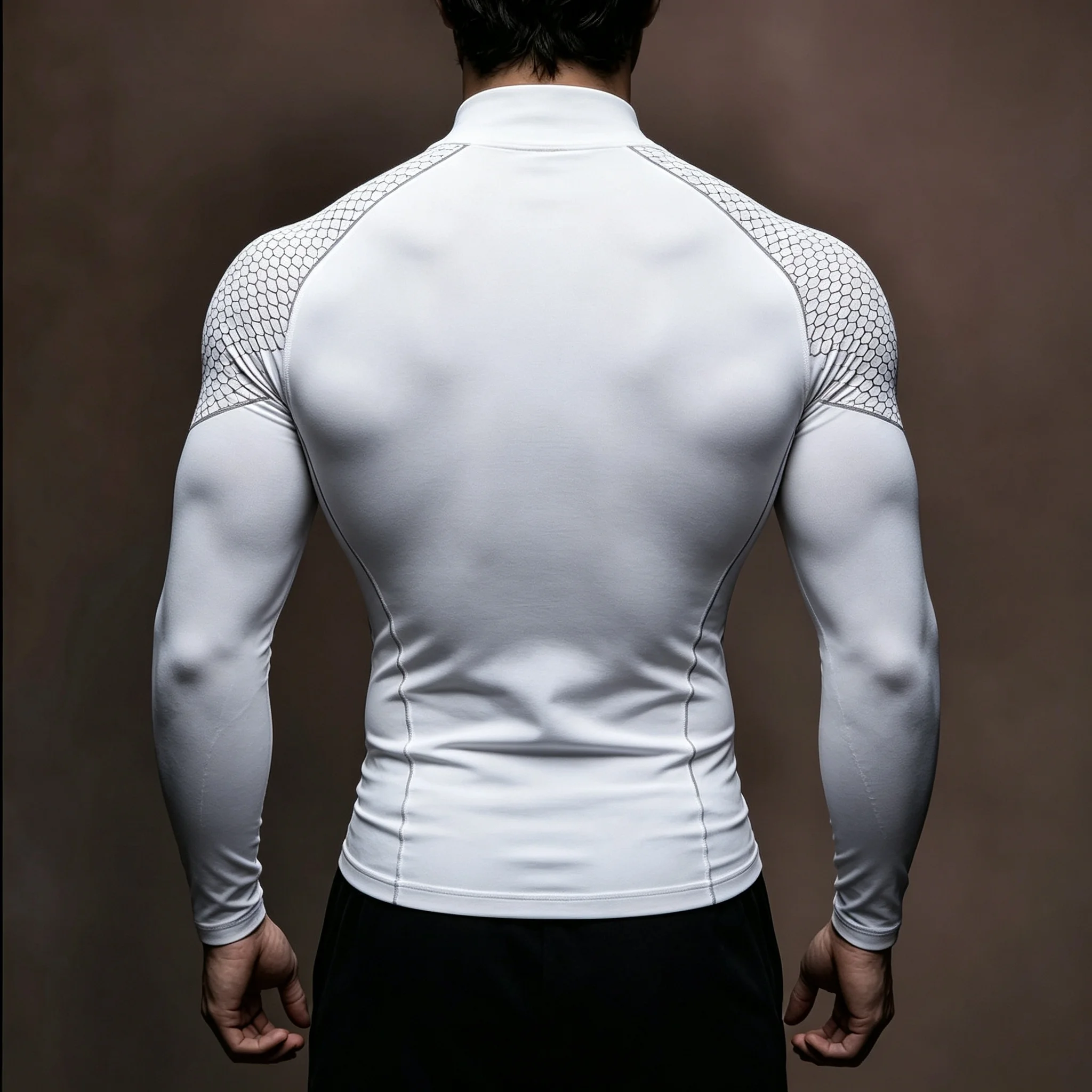 Herren Kompressions-Langarmshirt mit Halbrollkragen, Wabenmuster, schnelltrocknend, für Fitness, Training, Laufen und Sport – Detail 3