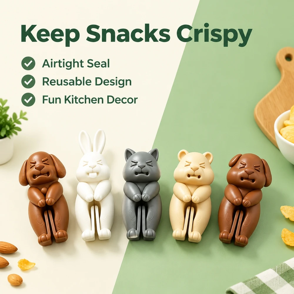 5 Pcs Cute 3D Animal Snack Bag Clips Sealing Clips Food Storage Freshness Keeping Kitchen Gadgets for Dogs Cats