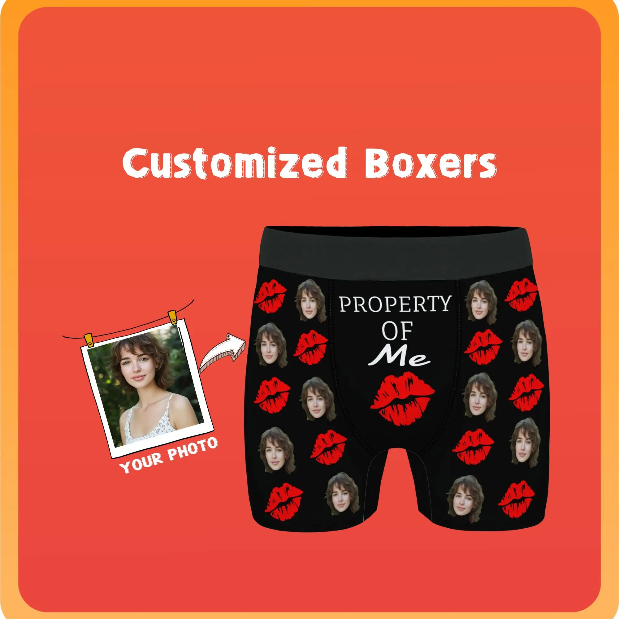 

Sweet Love Personalized Valentine's Day Gift for Him Custom Face Boxer Briefs Black and Red Lip Print & "PROPERTY OF Me"