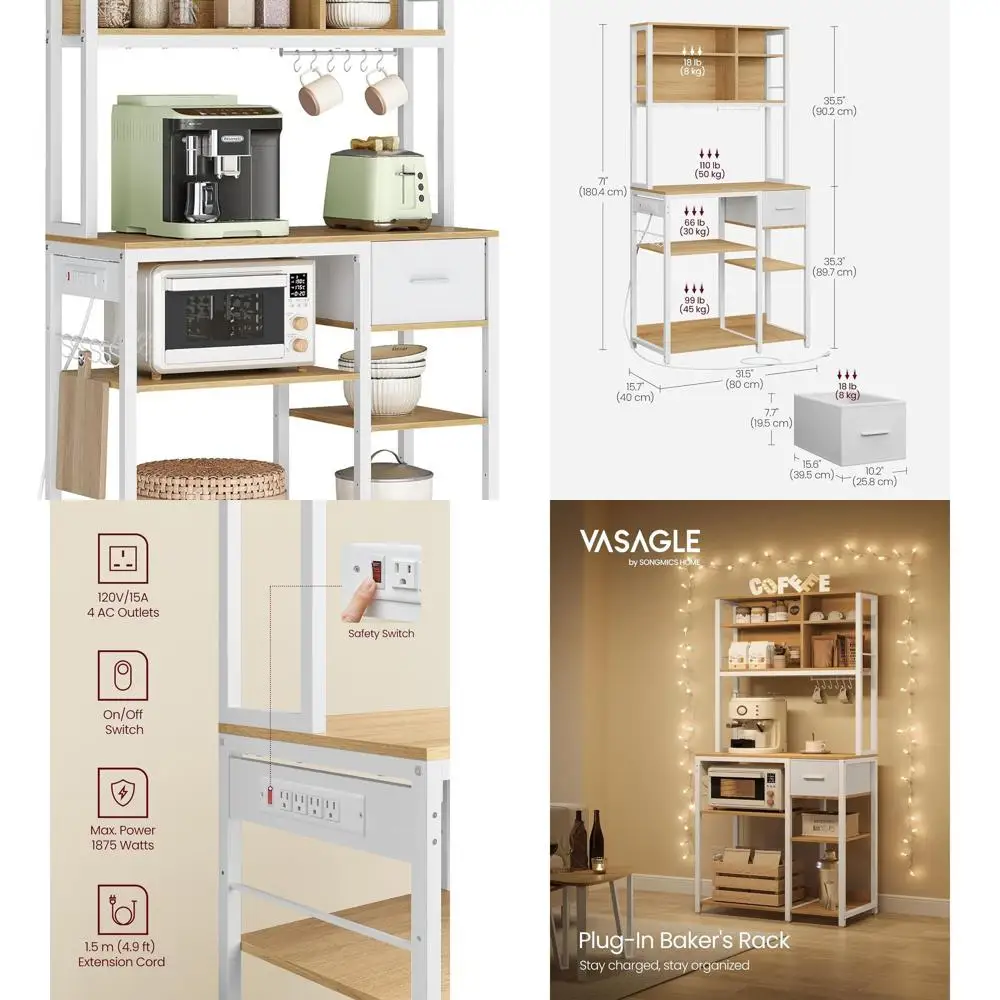 Support de micro-ondes de cuisine avec station de recharge, cafetière, étagères réglables, tiroir en tissu, 12 crochets, chêne doré et blanc nuage