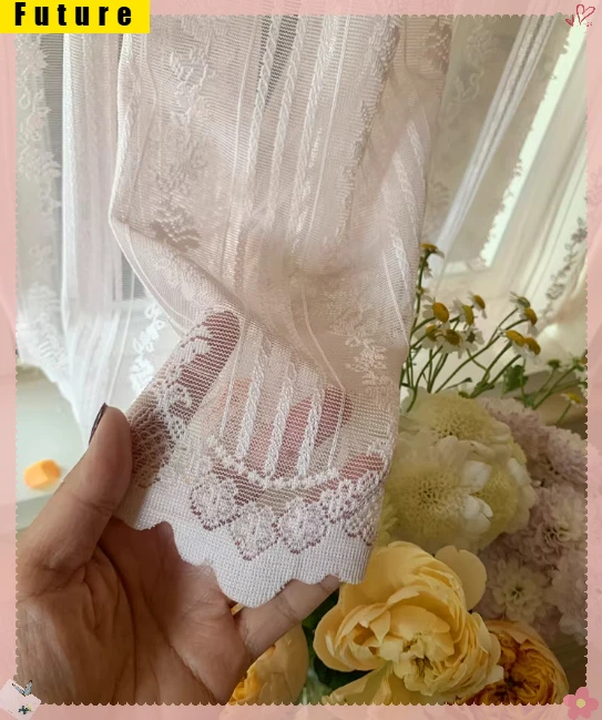 

Korean Pastoral Stripes Floral Gauze Curtains for Living Room Window Balcony Sheer Light Filtering Hook Velcro Home Decor Custom