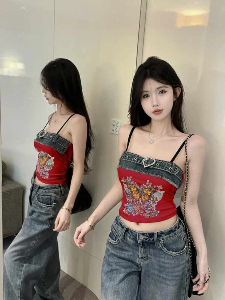 Top vaquero Y2K americano con cuello ter para mujer, Top de tubo Sexy tailandés para chica, Top corto único y hermoso de e...
