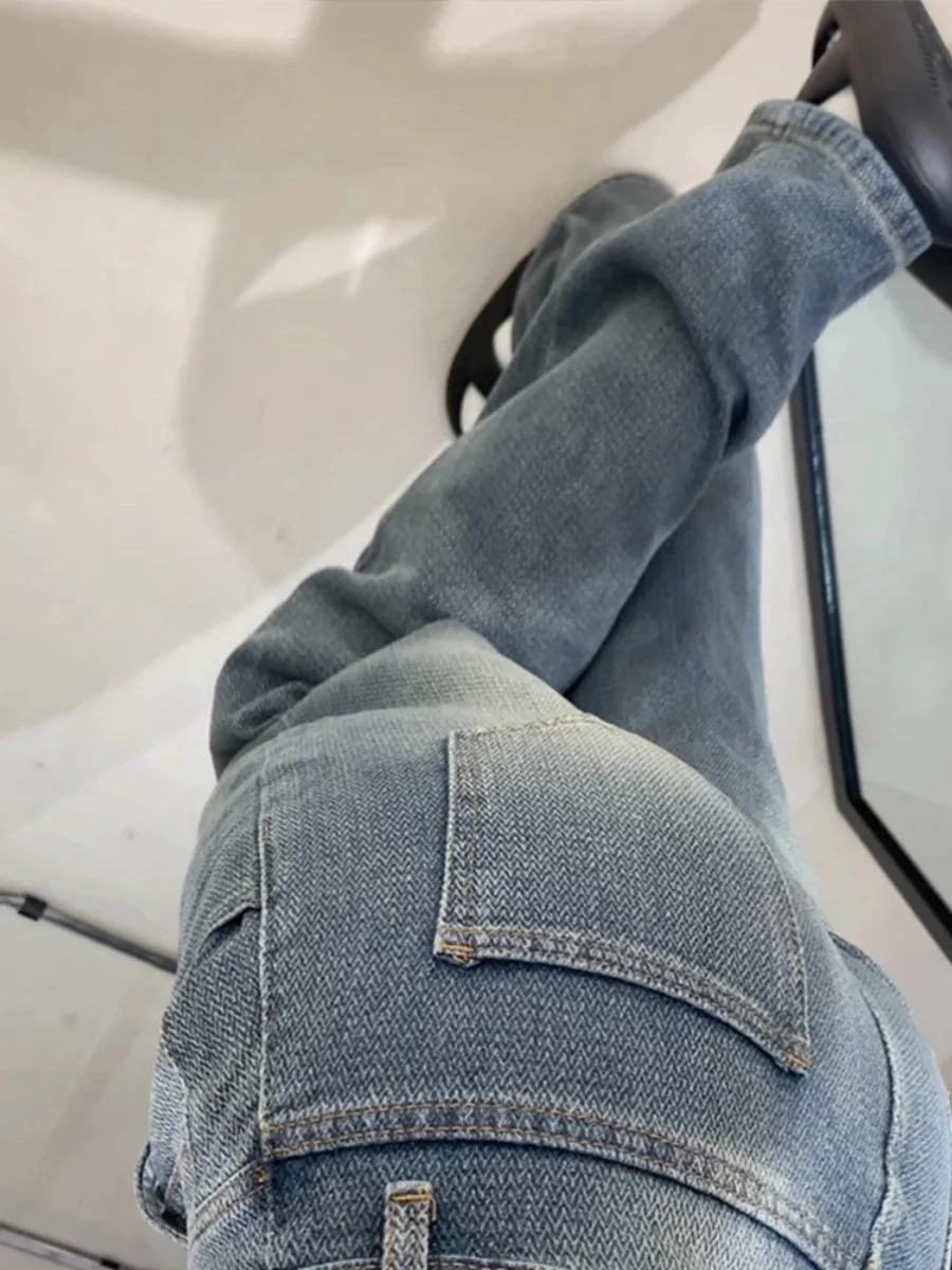 Amerykańskie jeansy retro z wzorem gwiazd, z wysokim stanem, szerokie nogawki, luźne, proste, wyszczuplające, zwiewne spodnie z designerskim akcentem.