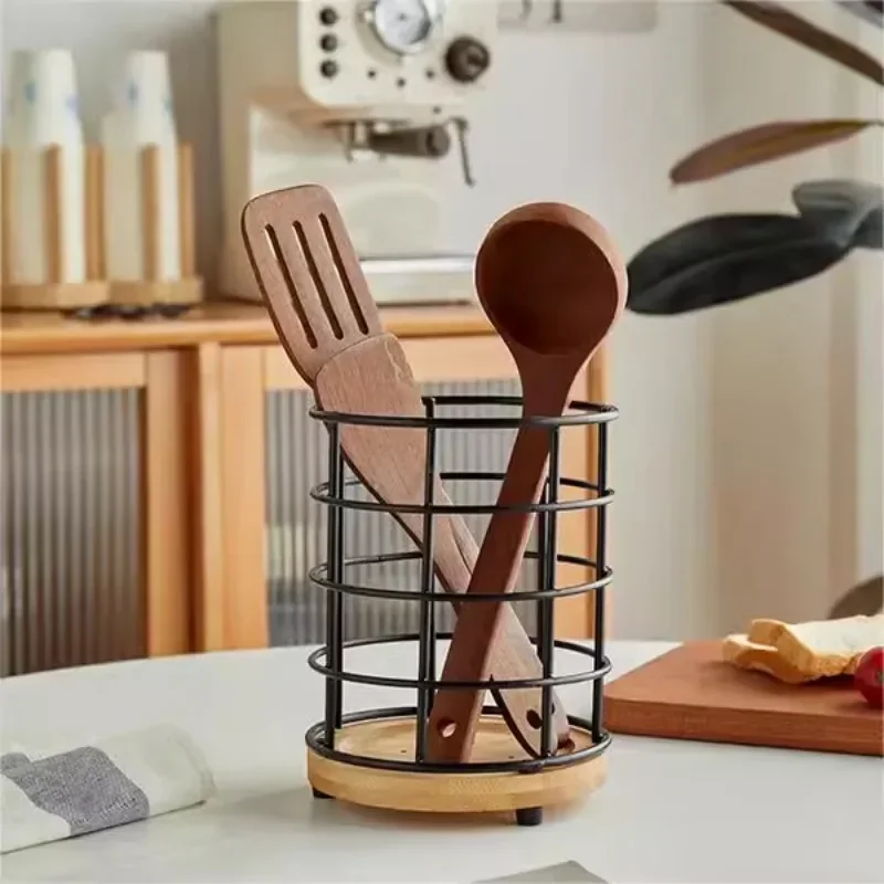 

Metal Utensil Holder for Kitchen Counter,Large Round Silverware Organizer with Wooden Base,Cooking Utensils Storage Rack