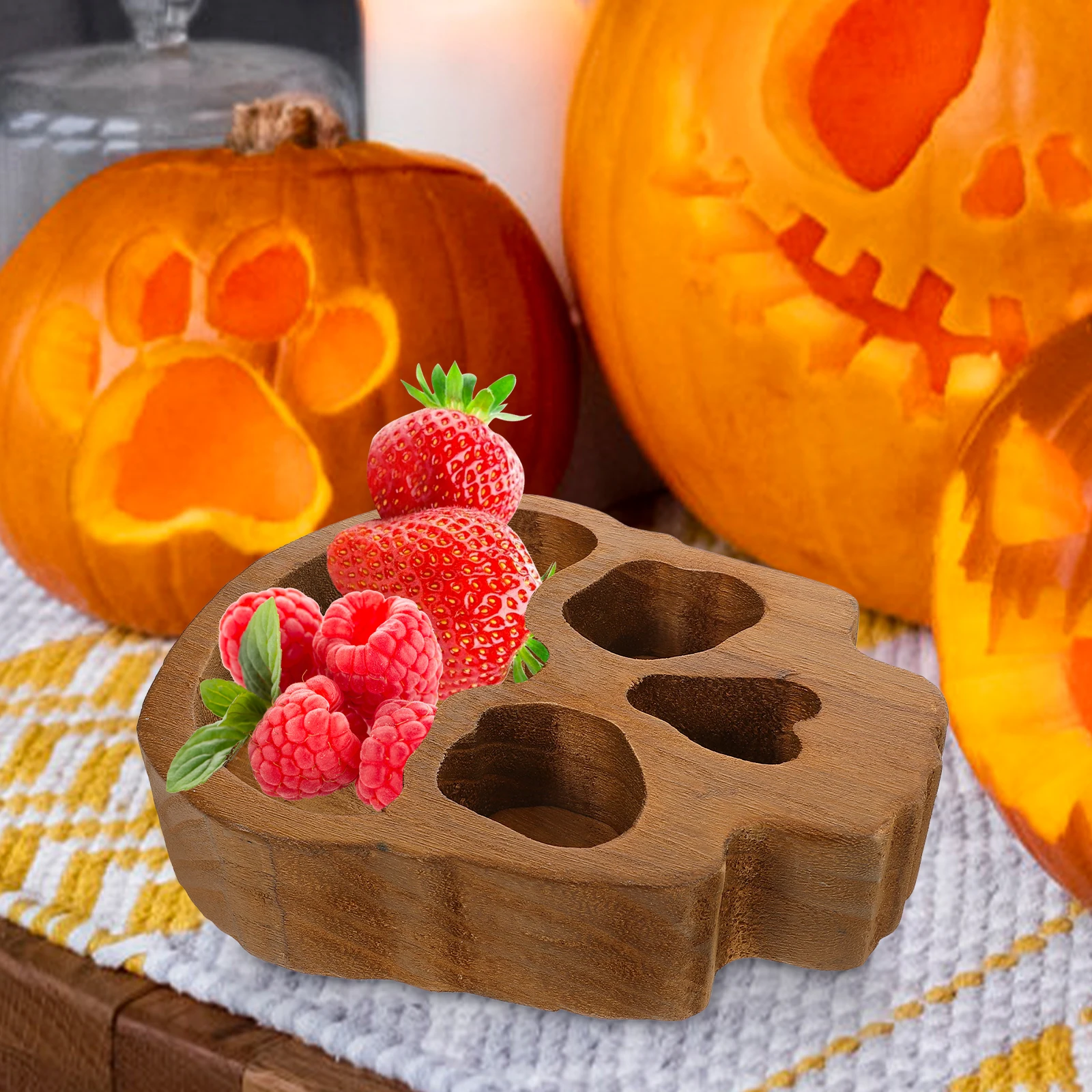 

Wooden Bowl Shaped Skull Snack Serving Tray Head Platter Halloween Food Plate