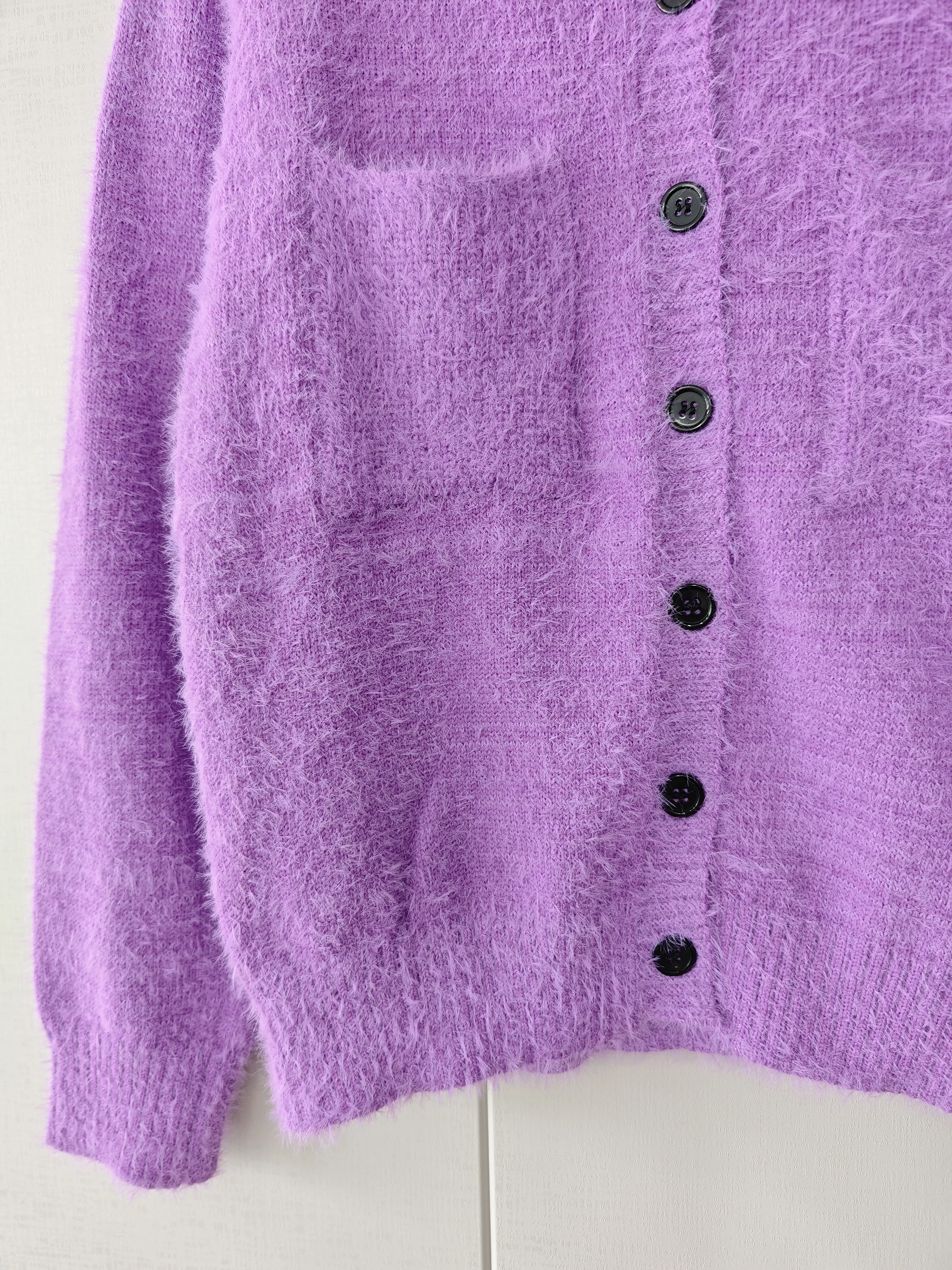 สีม่วงถักเสื้อกันหนาวนุ่มขนาดเล็กลมหอมหนาเสื้อกันหนาวผู้หญิงใหม่ Single Breasted Turn-down Collar ออกแบบกระเป๋าด้านบน