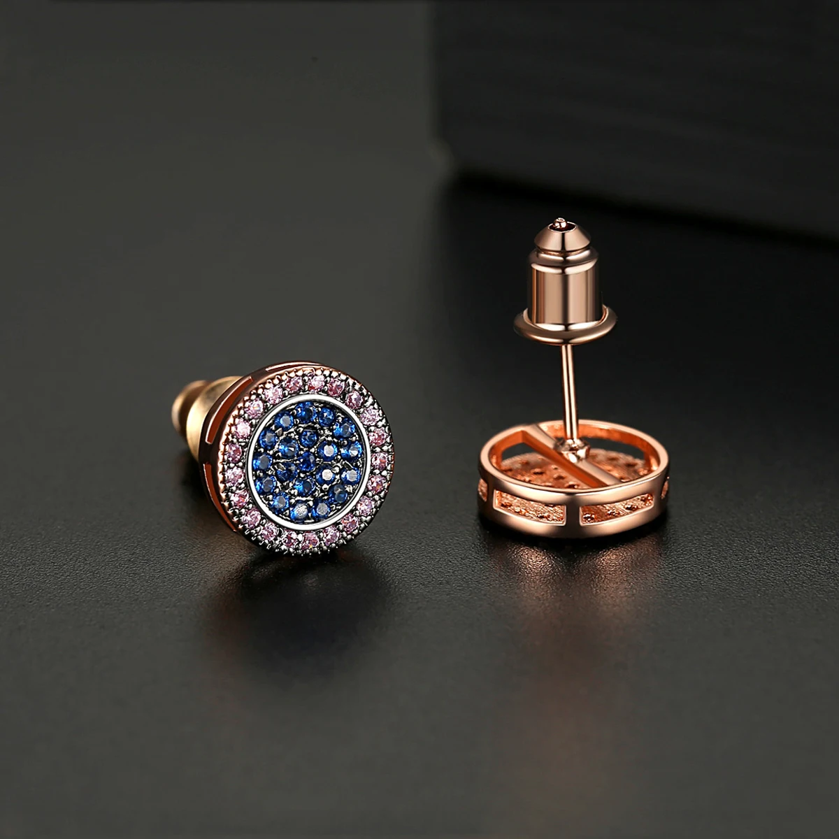 JINSE Punk Blue Cubic Zirconia Men\'s Stud Earrings Round Geometric Multicolor Charm CZ Stone Iced Earrings Hip Hop Jewelry Gift