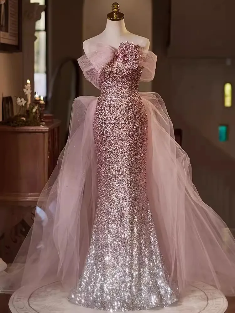 Robe de soirée sirène à paillettes pour femmes, longueur au sol, à lacets, tenue de soirée, Rhde fin d'année, mariage