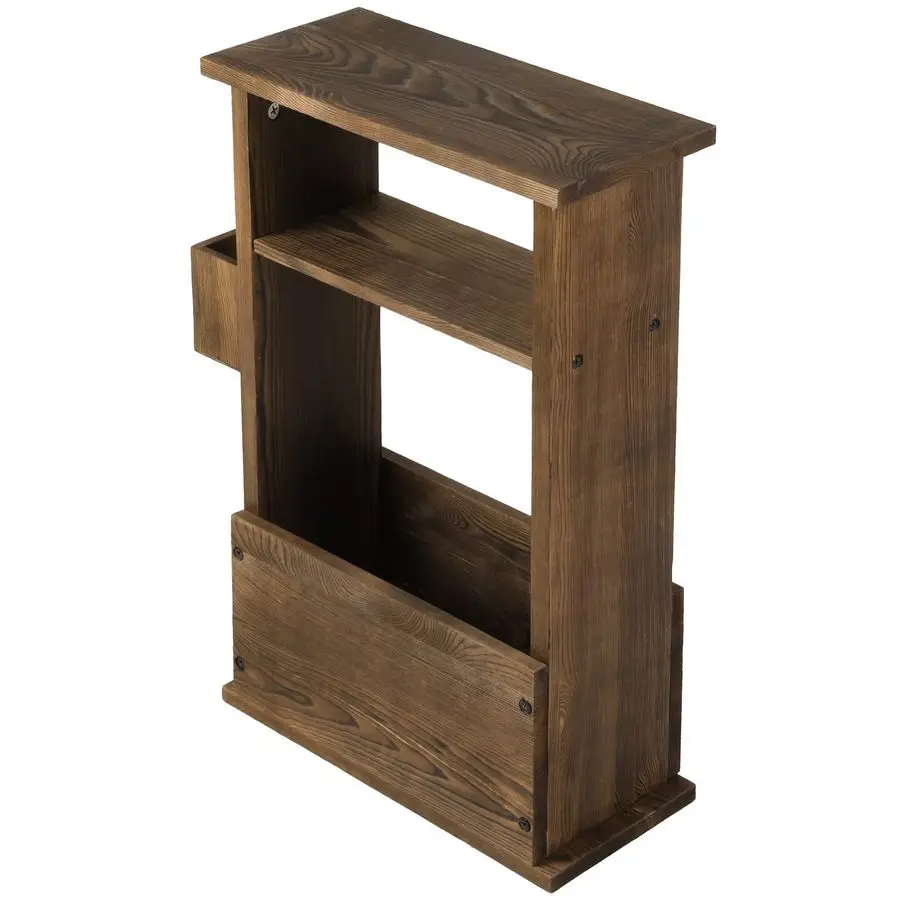 

24 Inch Tall Rustic Burnt Wood End Table with Remote Control Holder, Storage Shelf, and Magazine Rack, Wooden Narrow Living Room