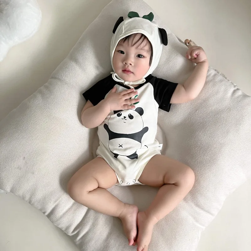 Newborn Boys Girls Bodysuits Clothes Cartoon Panda Kawaii Short Sleeve Onesie Ropa Bebe with Hat Children's Toddler Cotton Dress
