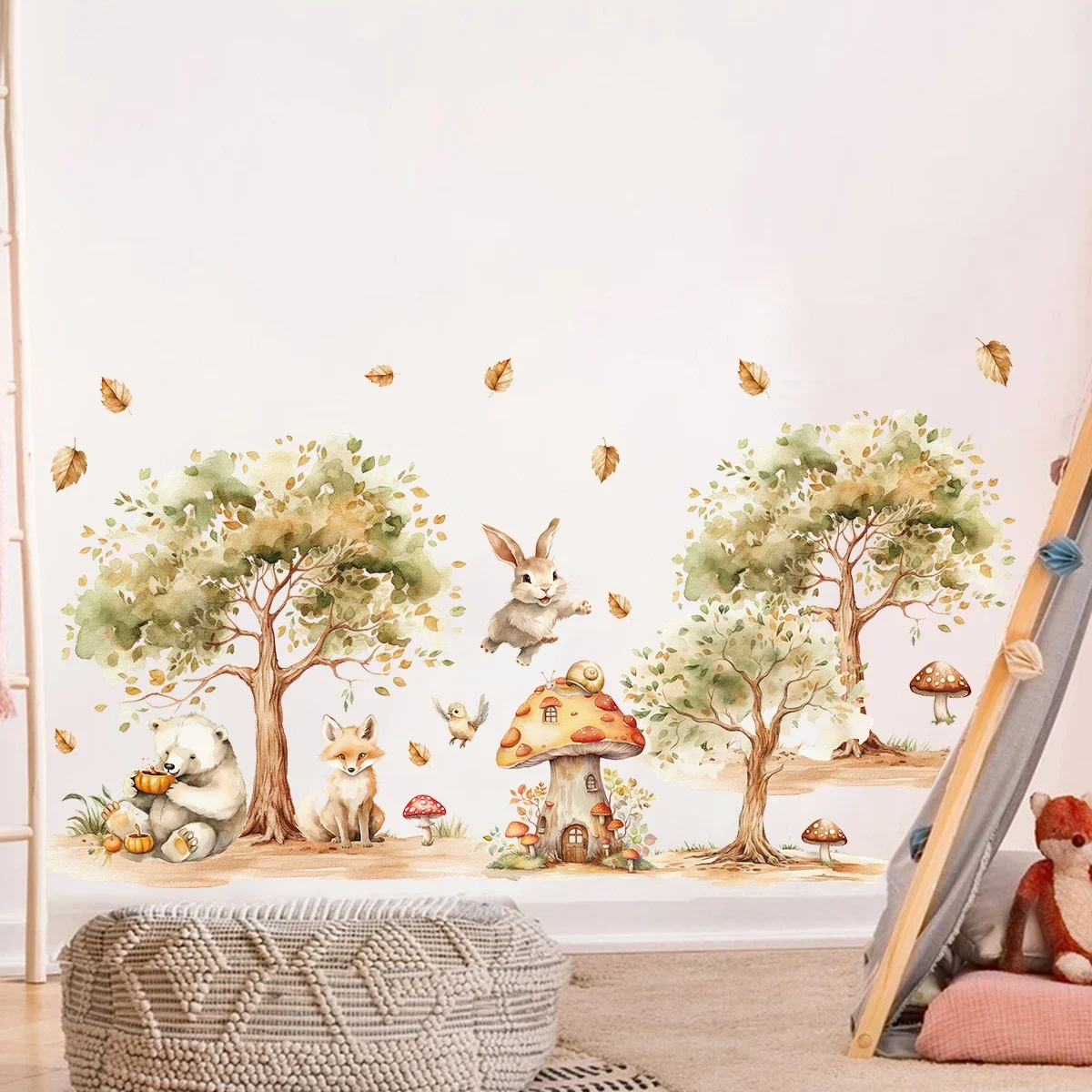 2Pcs Rural Tree Fox Rabbit Bear Wall Stickers Baby Room Decor for Home Decoration Essentials Kids Room Wall Decals Living Room