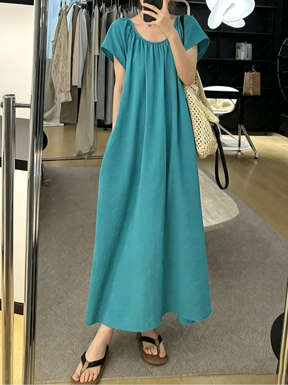 

Casual Breathable Pure Color Midi Dress Lazy Versatile Fashionable Summer New Arrival A-Line Skirt High Waist Short Sleeve Wo...