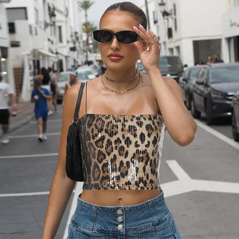 

New Spicy Girl Sexy Leopard Print Exposed Navel Strapless Sequined Slim Fit Top