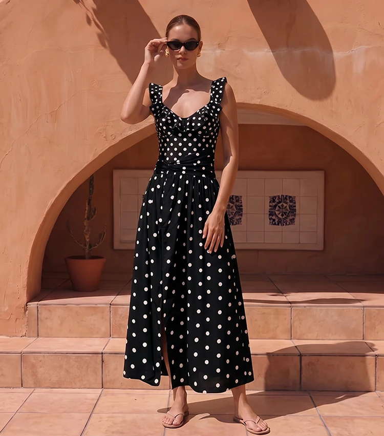 Flaxmaker Women 2 Piece Beach Outfit Tummy Control Swimsuit Set With Long Beach Skirt Summer Ruffle Polka Dots Printed Swimwear