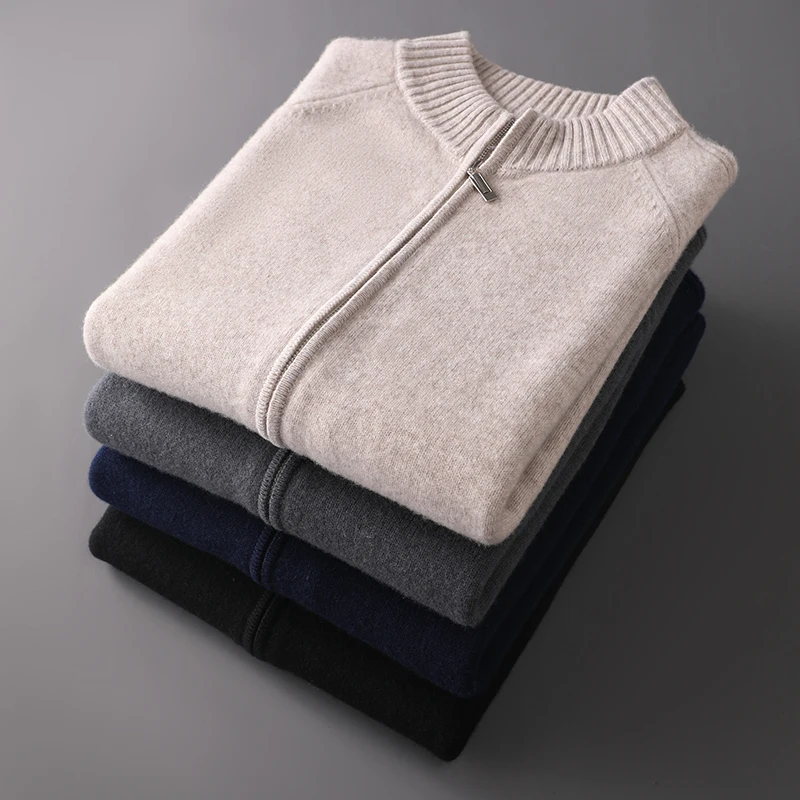 4-color Autumn/Winter New 2024 Men's 100% Wool Zipper Cardigan Sweater Casual Lnitted Round Neck Men's Business Solid Thick Coat
