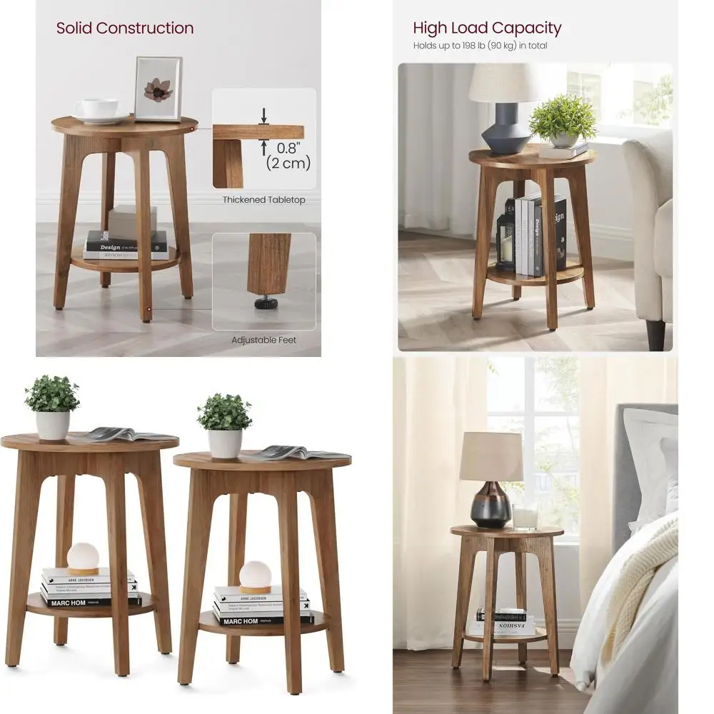 

Pair of 2-Tier Round Side Tables, Nightstands with Tapered Legs, Ideal for Small Spaces, Living Room, Bedroom, Rustic Walnut Fin