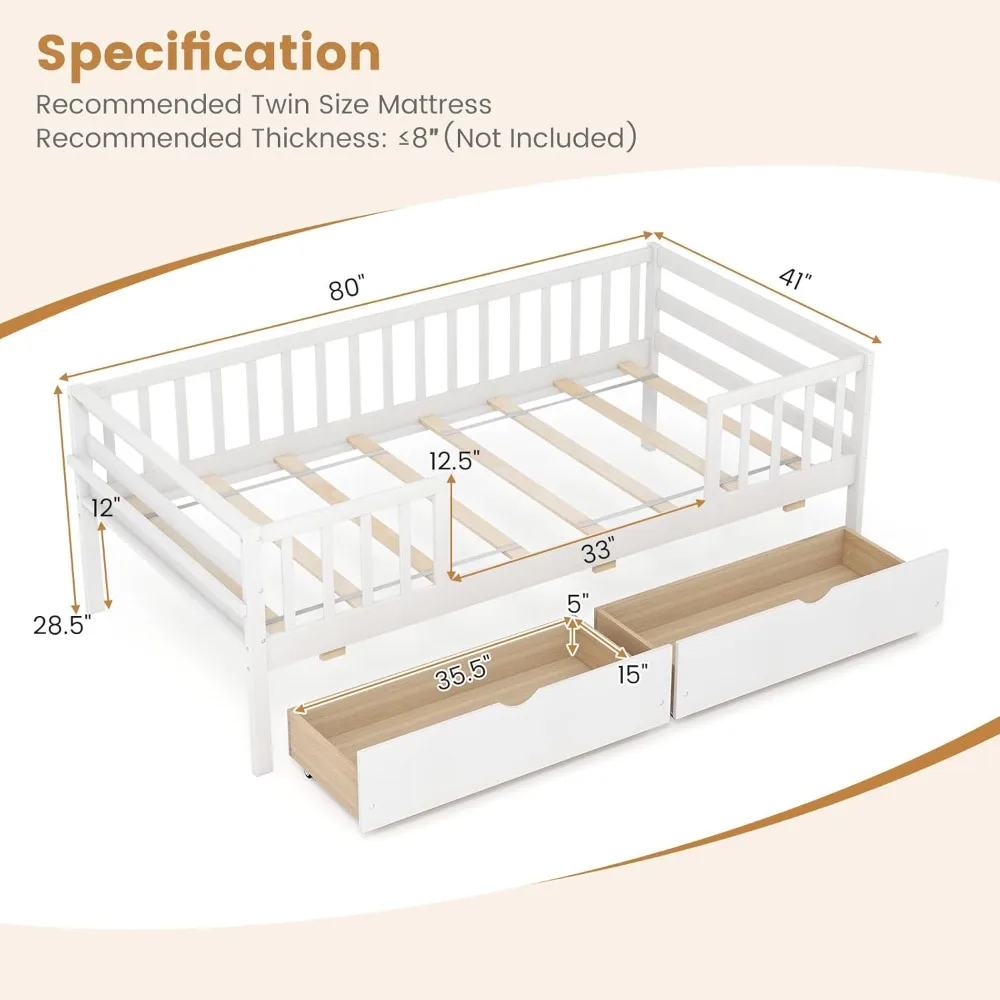 Wood Twin Kids Bed Frame with 2 Pull-Out Drawers & Side Shelf, Twin Bed Frame with Fence Railings, Solid Wood Slats Daybed