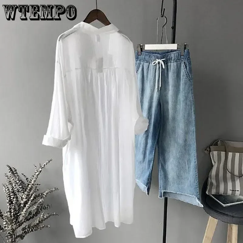 WTEMPO White Sunscreen Shirt Women Summer Thin Mid-length Sun Protection Button Cardigans Fashion Loose Breathable Long Coats