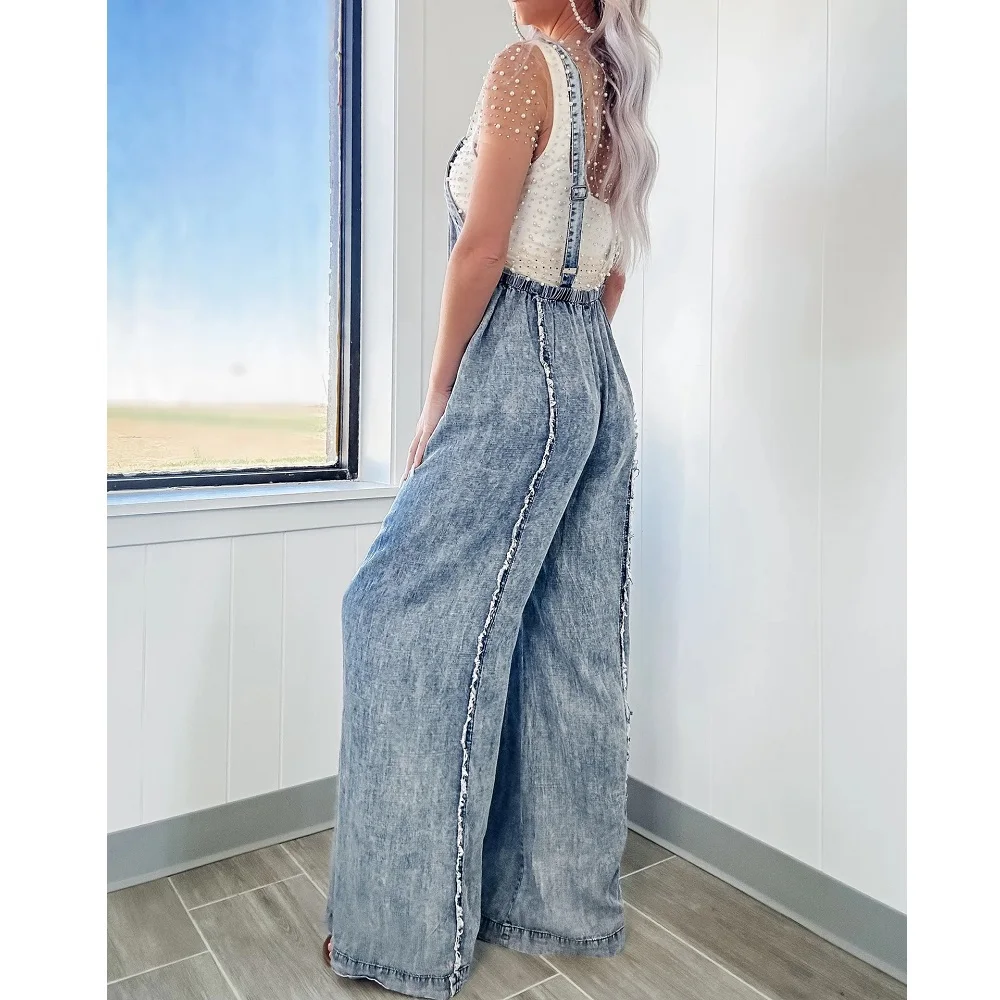 Women Denim Rompers and Jumpsuits Ladies Vintage Wide Leg Jeans Long Jumpsuits Combinaison Femme