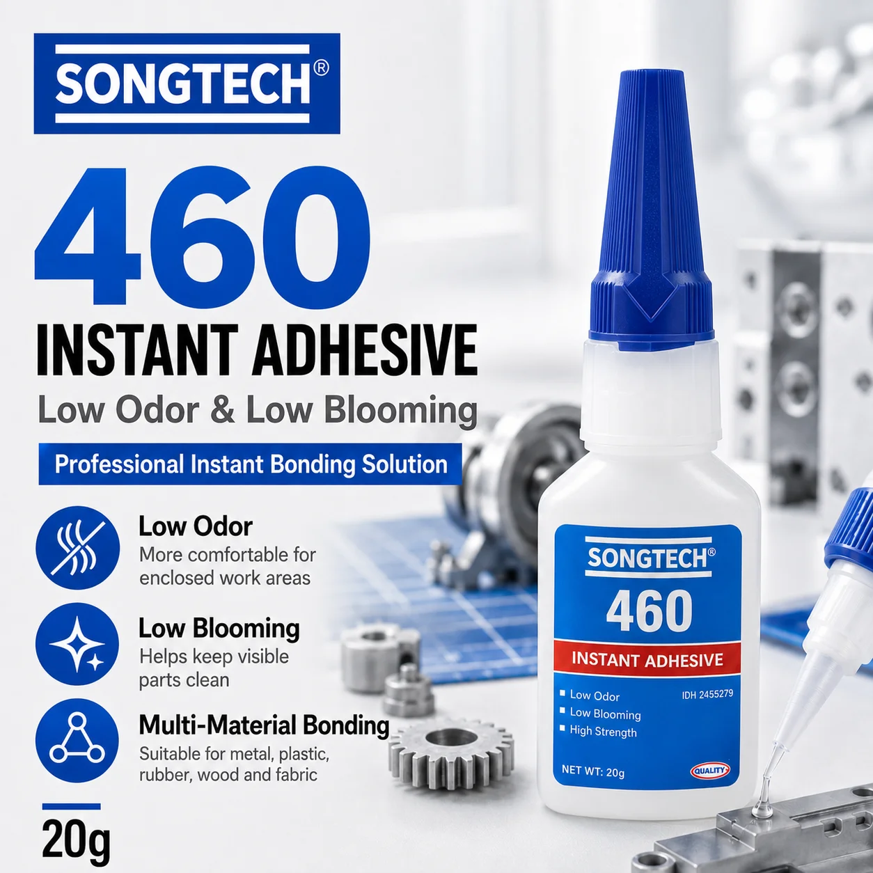 Pegamento Instantáneo de Bajo Olor SongTech Loctite 460, Superpegamento de Bajo Bloom CA para Reparación de Precisión en Plástico, Goma y Metal