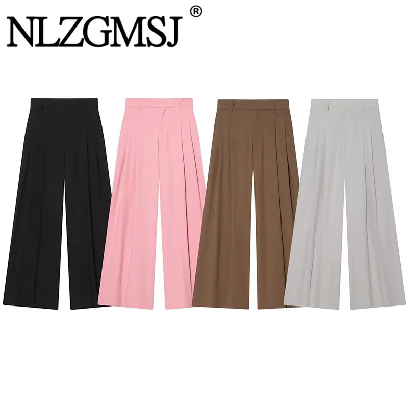 Nlzgmsj 2026 Frühling Lässige Schicke Weite Hosen für Damen Büro-Stil mit Taschen Lange Hosen Mode Streetwear Hosen