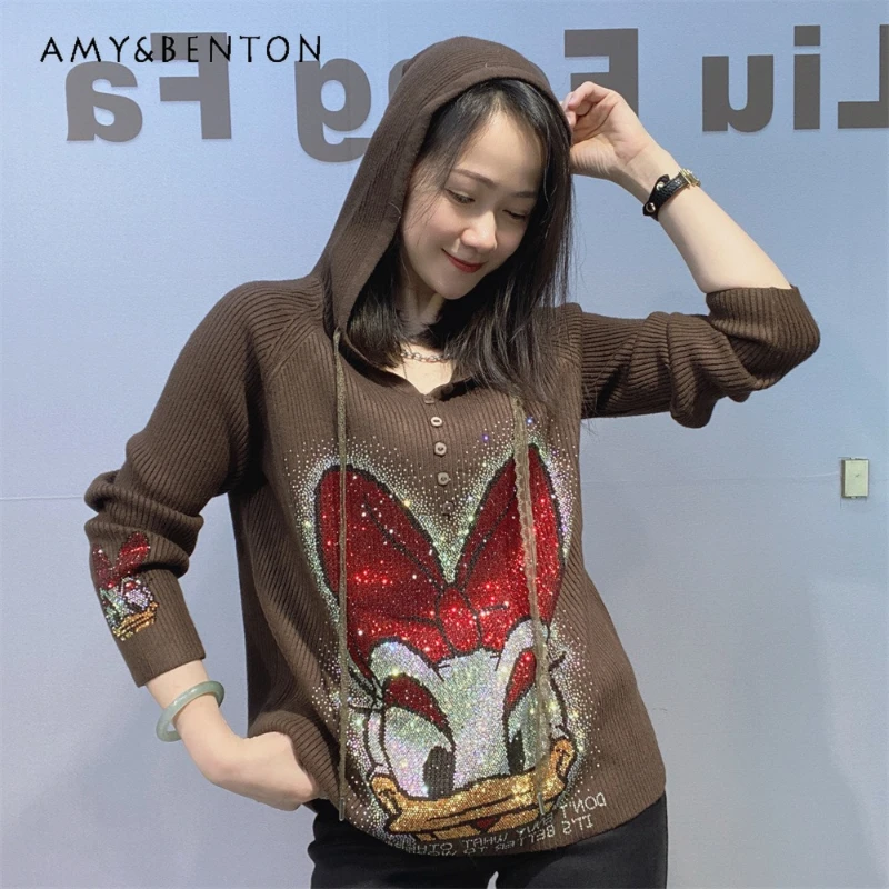 

Модный женский свитер с капюшоном и длинными рукавами, вязаный в рубчик, с роскошной отделкой стразами, стильный, стройнящий, высококачественный, элитный женский топ, трикотаж.