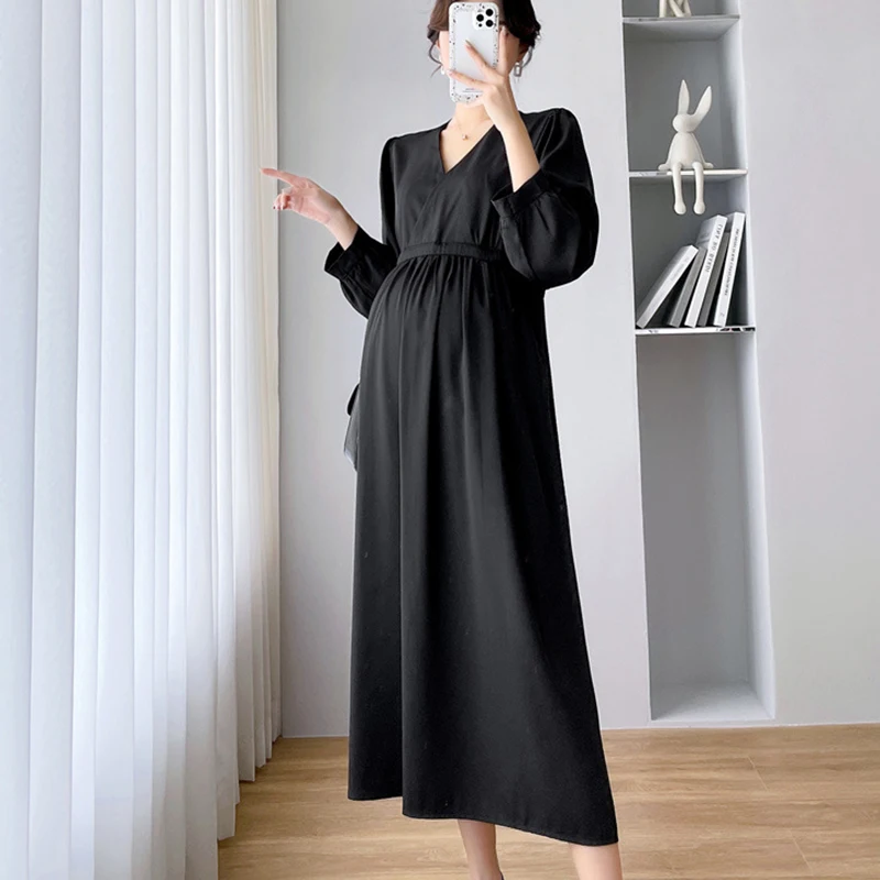 Maternity Nursing Dress Solid Color Long Sleeve Maternity Dress with Nursing Function Maternity Clothes Pregnancy Dress