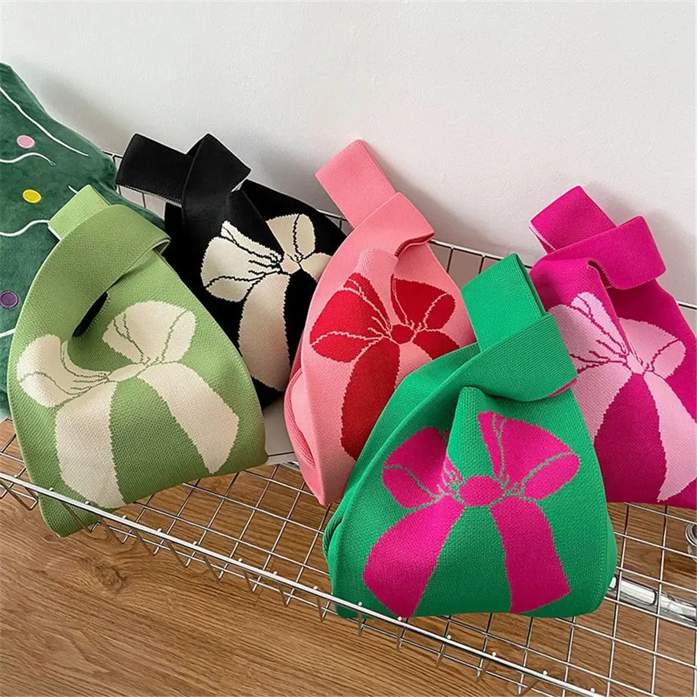 Handmade Women Knot Wrist Bag Knit Handbag Casual Bow Tie Tote Bag Girls Shopping Bags