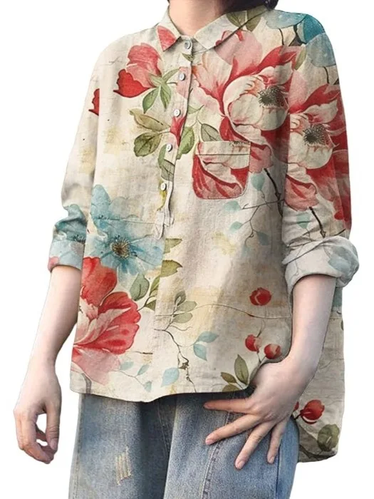 

Retro Print Cotton Linen Long Sve Women's irt Summer Versatile Casual Loose Slimming Collar Linen Small Top