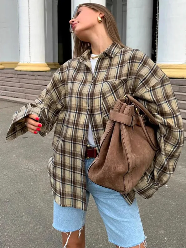 

2025 Vintage Shacket Oversized Gingham Blouses And Tops Womens Dropped Shoulder Plaid Shirts Street Style Pockets Casual