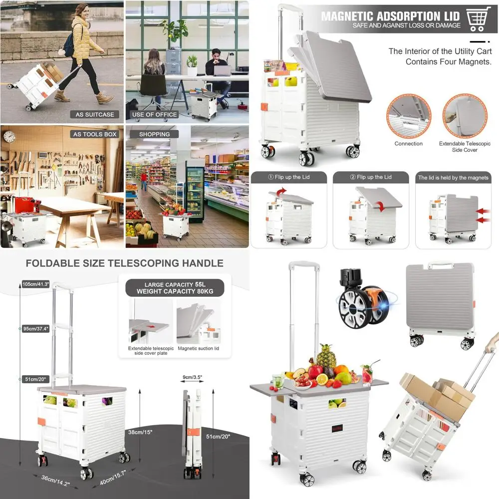 

Portable Folding Utility Cart with Magnetic Lid and Telescoping Handle for Various Uses