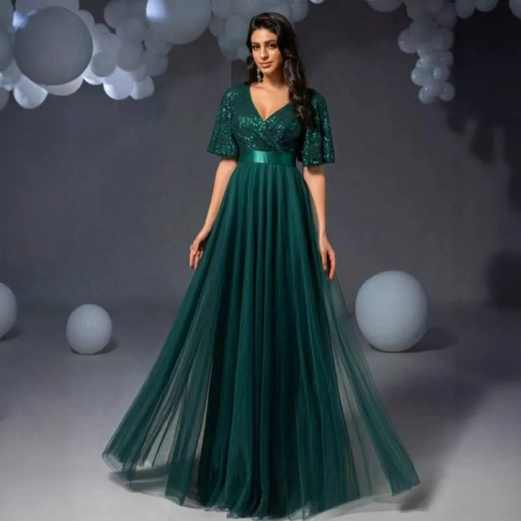 

N1128 Вечерние платья для девочек и женщин длиной до пола, платья для особых случаев, одежда, милое платье для выпускного вечера из тюля с v-образным вырезом и пайетками