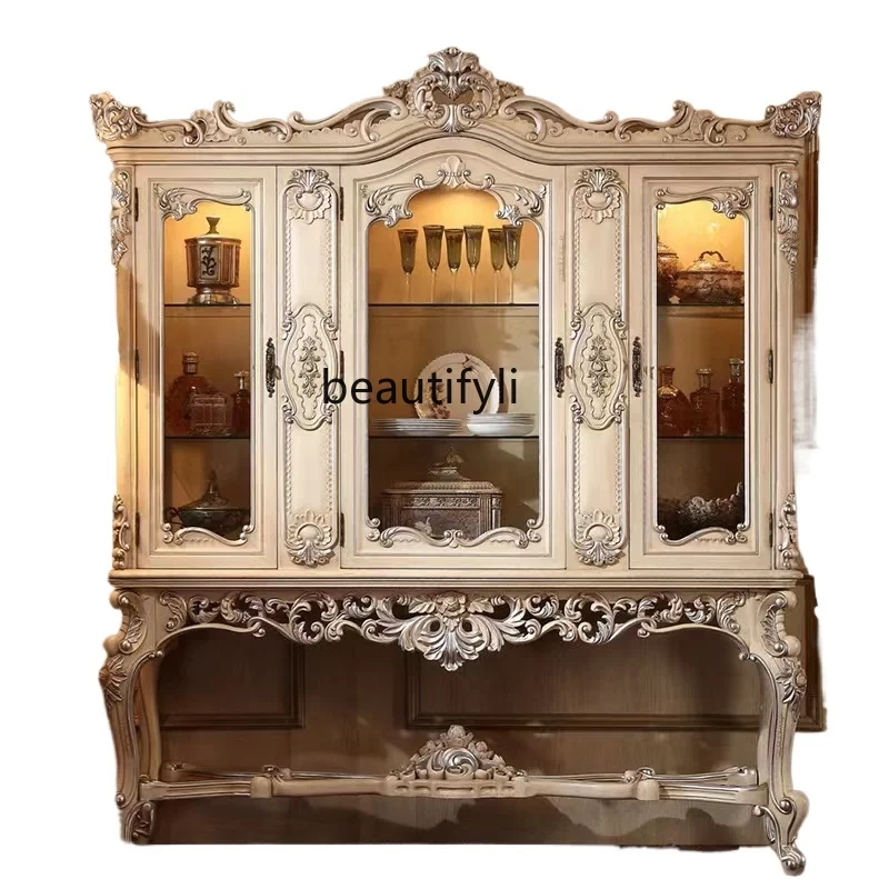 European-Style Living Room Full Solid Wood Carved American Three-Door Wine Cabinet Villa Luxury Wine Storage Display Cabinet