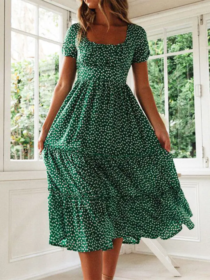 Vestido Vintage con Estampado Retro, Manga Abullonada, Casual de Verano para Playa, Escote Cuadrado, Floral, Largo Maxi para Fiesta 2