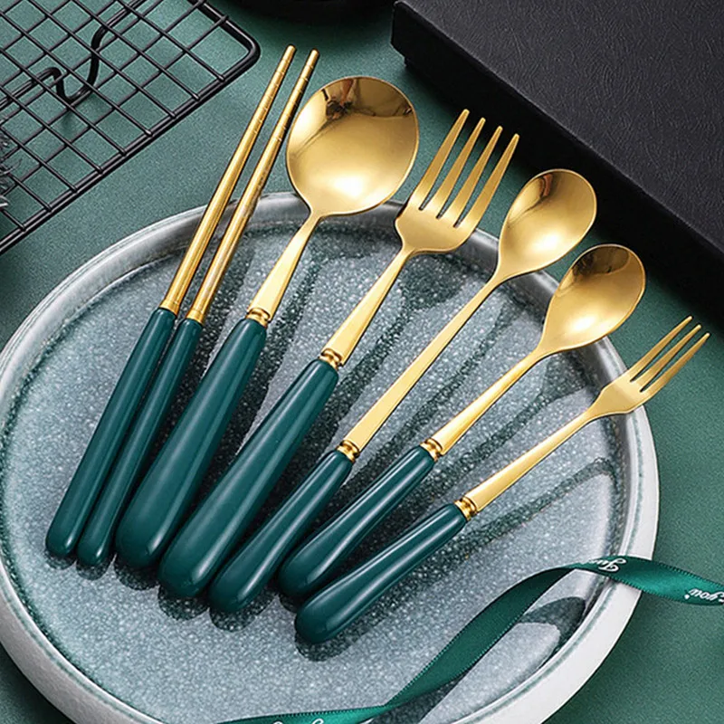 Golden Green Cutlery Set with Ceramic Handle Stainless Steel Chopsticks Spoon Knife Fork Teaspoon Tableware Utensils for Kitchen