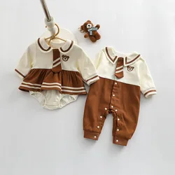 Korea Baby Romper 0-3Years Newborn Boy Girl Long Sleeve Bowtie Skirted Bodysuit Bear Jumpsuit Birthday Party Clothes