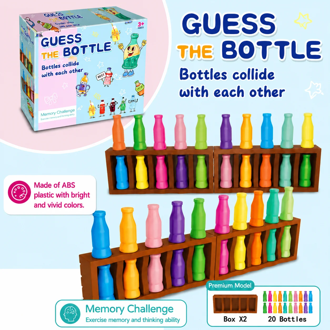 Guess the Bottle Memory Game, Colorful Bottles Set, 20 Bottles + Box, Family Learning Toy for Kids 3+