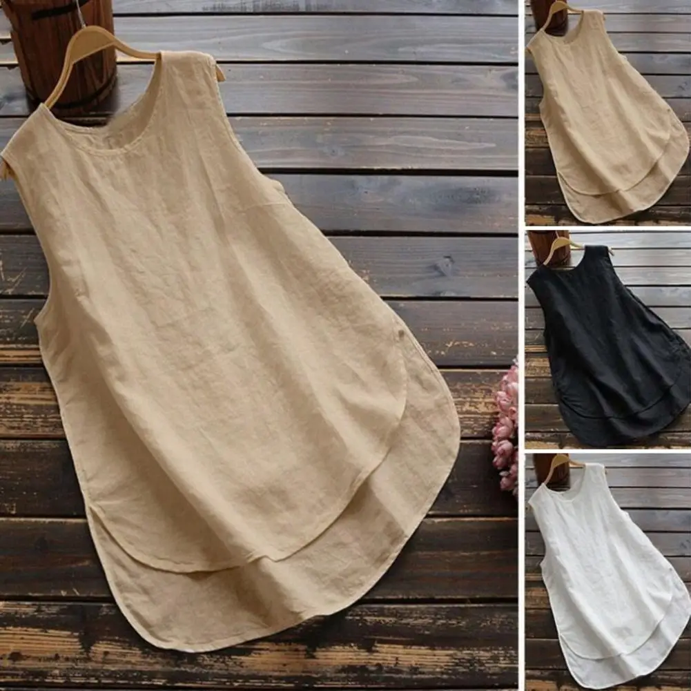 M-5XL Women Summer Vest Cotton Linen O-neck Sleeveless Side Slit Hem Tank Tops Loose Mid-length Vest Casual Blouse Tops