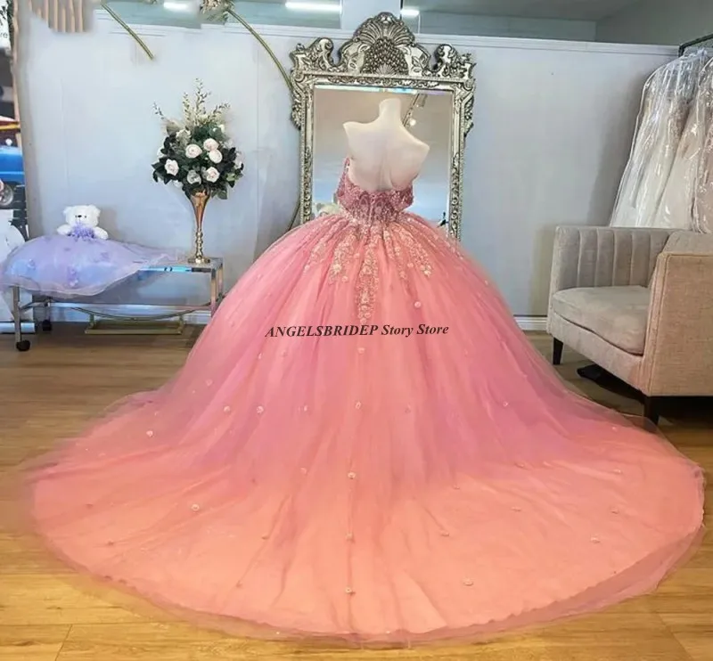 Angelsbridep Roze 3d Bloemen Quinceanera Jurken 2024 Off Shoulder Applique Kralen Korset Tule Prom Dress Verjaardagsfeestjurken