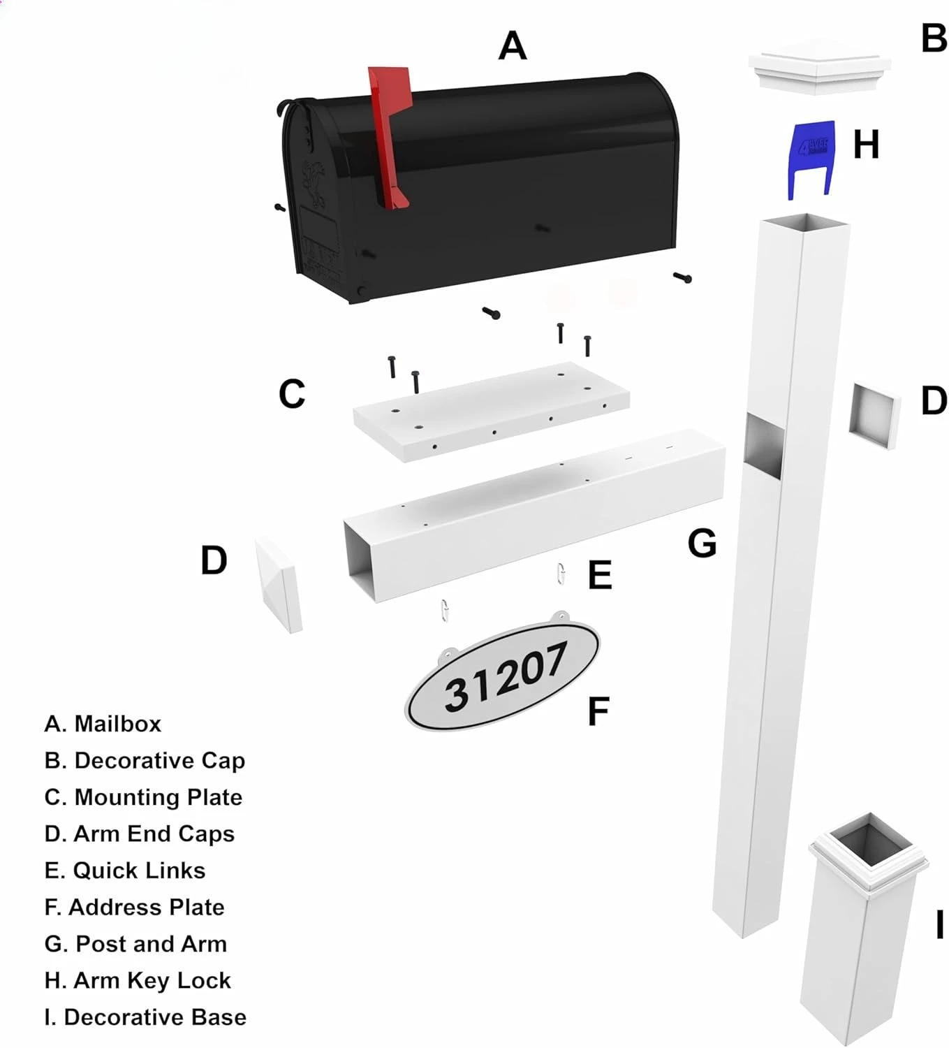 Vinyl Mailbox Post System - Includes Black Steel Mailbox and Custom Address Plate (White)·Factory Direct Sales