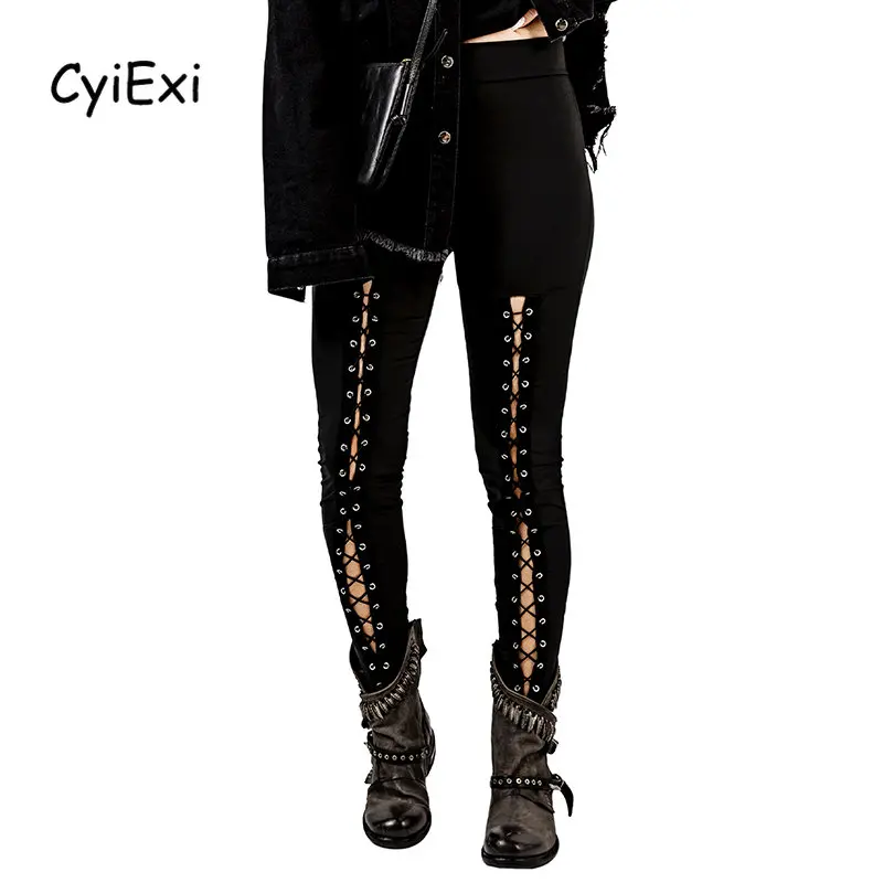 

CyiExi Sexy Women Black Grommet Lace Up Leggings Chic High Waist Legging Daily Pants Bottoms Leaging Femme Legging Feminina S-XL