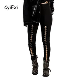 CyiExi Sexy Women Black Grommet Lace Up Leggings Chic High Waist Legging Daily Pants Bottoms Leaging Femme Legging Feminina S-XL