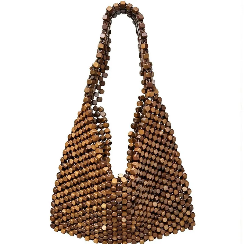 Large Capacity Woven Shoulder Bag Summer Beach Handbag For Women New Vintage Wooden Beaded Tote Bag