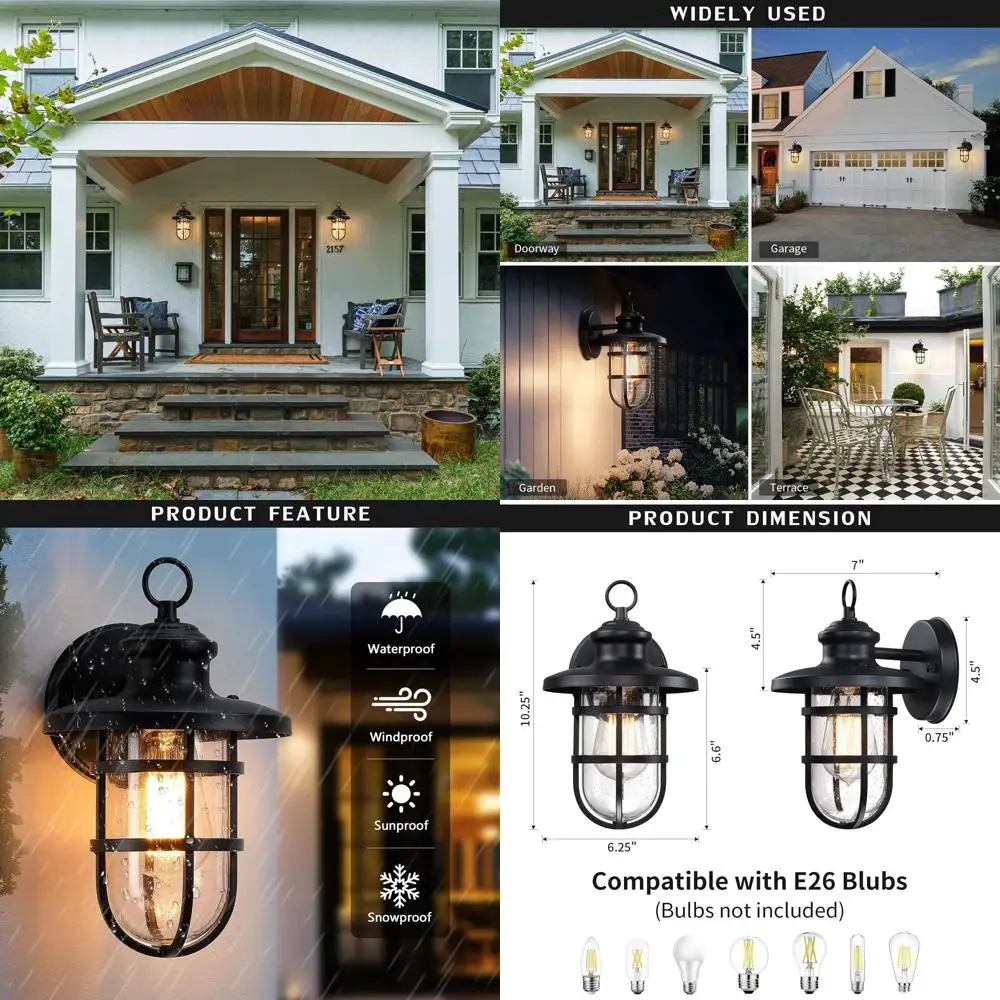 

Weatherproof Seeded Glass Outdoor Wall Sconce, 2-Pack, Suitable for Porch, Doorway, Hallway, Garage, Yard, and Patio