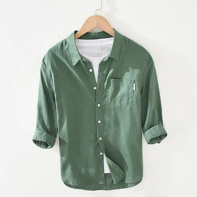

Youth Men's Linen Shirt Breathable Square Neck Seven Casual Style Five Sleeve Thin Fabric Daily Wear Iron-Free Pocket Design