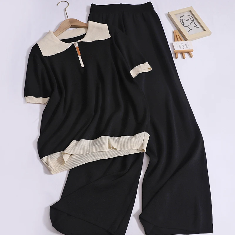 Women Contrast Color Vintage Polo Neck Zip Short Sleeved Top Elastic Band High Waist Wide Leg Pants Summer Casual Loose Knit Set